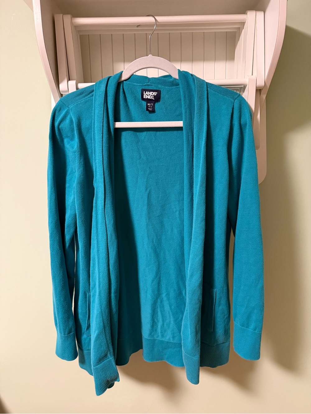 Lands' End Women's Teal Open-Front Knit Cardigan- Med Tall